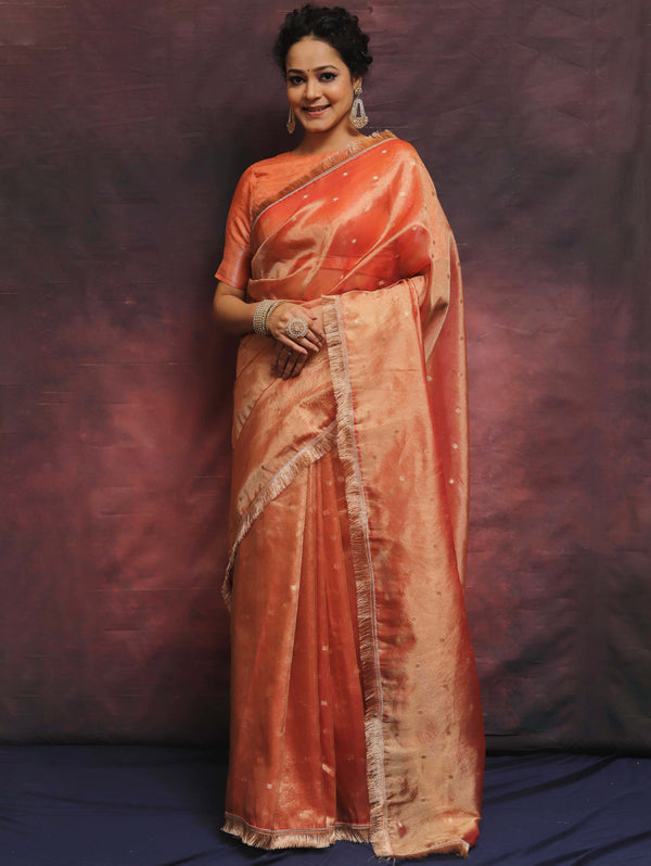 Banarasee Handwoven Tissue Saree Zari Buti With Lace-Peach