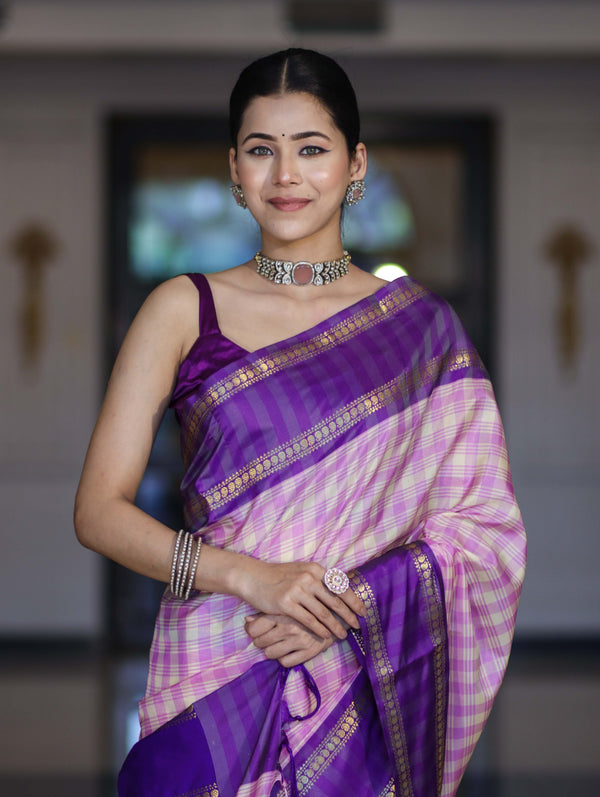 Banarasee Handloom Semi Silk Saree With Checks Design & Contrast Border-Light Pink & Violet