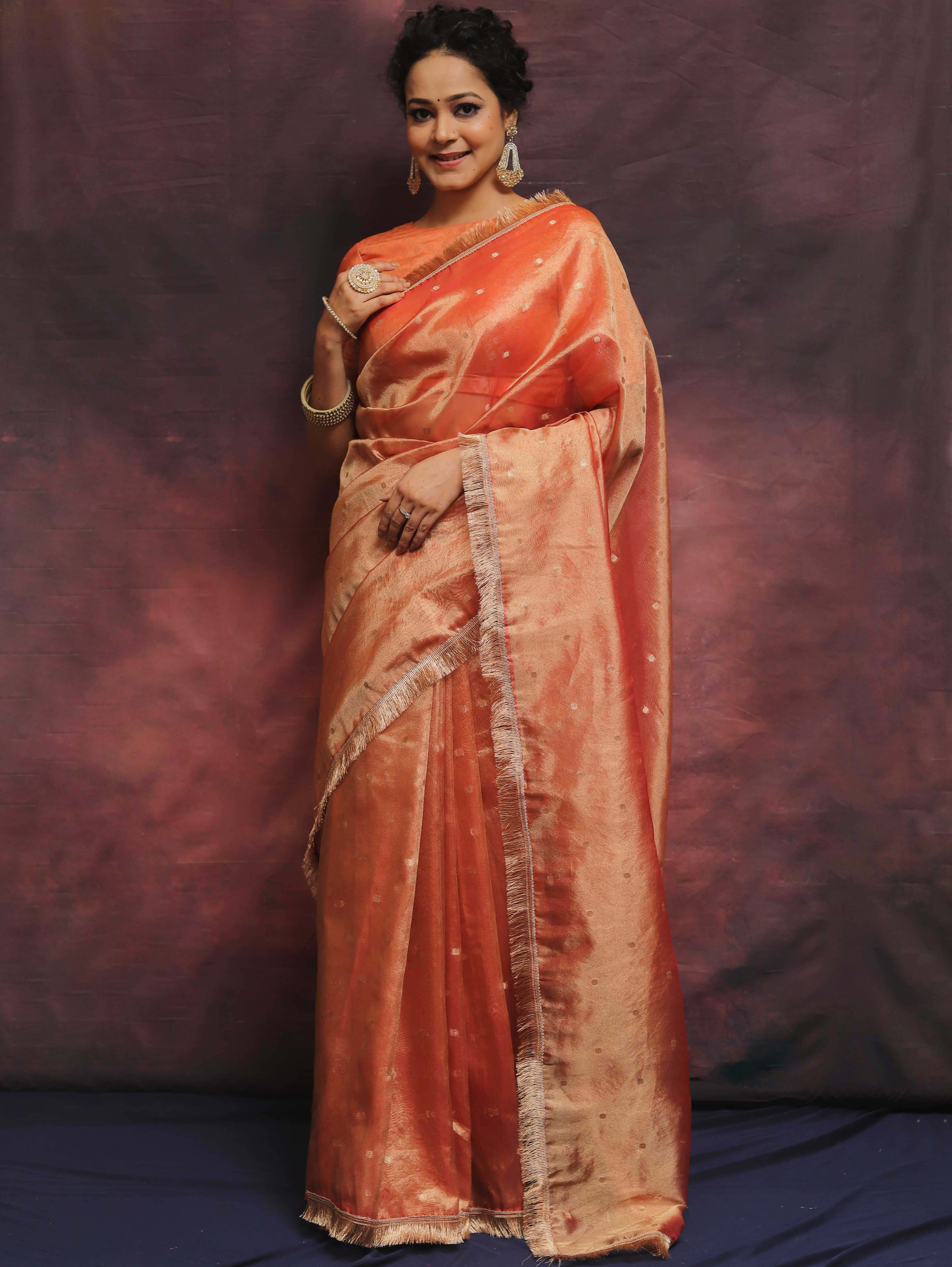Banarasee Handwoven Tissue Saree Zari Buti With Lace-Peach