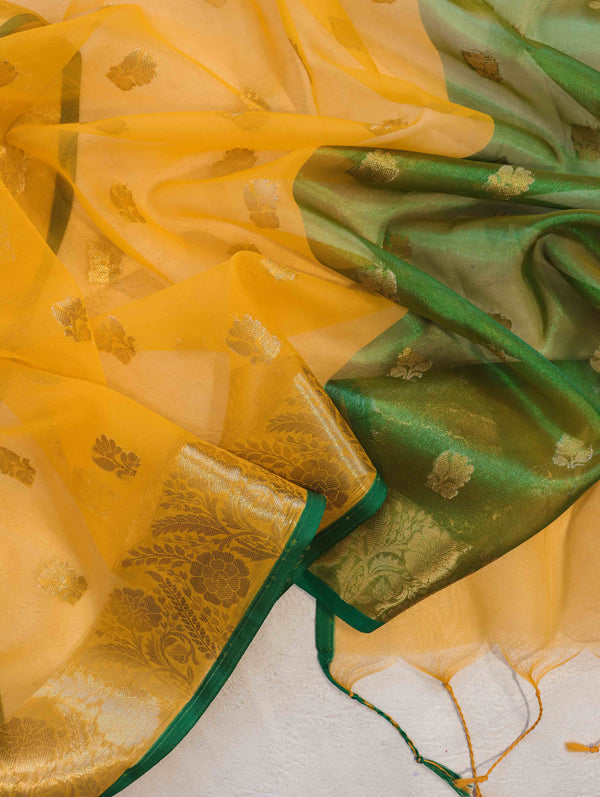 Banarasee Handloom Organza Mix Saree With Zari Buta Design & Contrast Border-Yellow