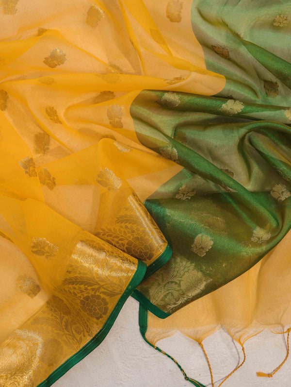 Banarasee Handloom Organza Mix Saree With Zari Buta Design & Contrast Border-Yellow