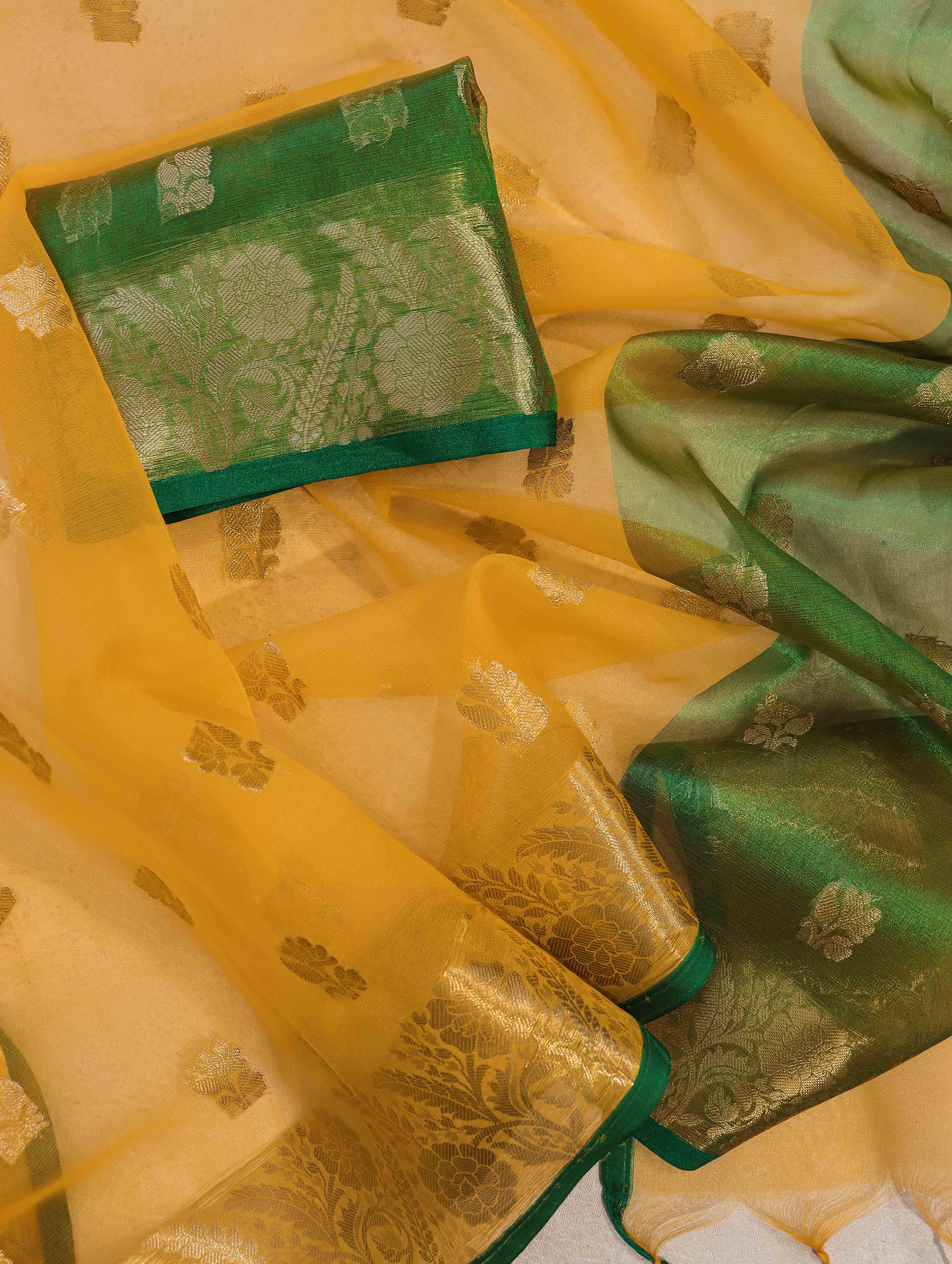 Banarasee Handloom Organza Mix Saree With Zari Buta Design & Contrast Border-Yellow