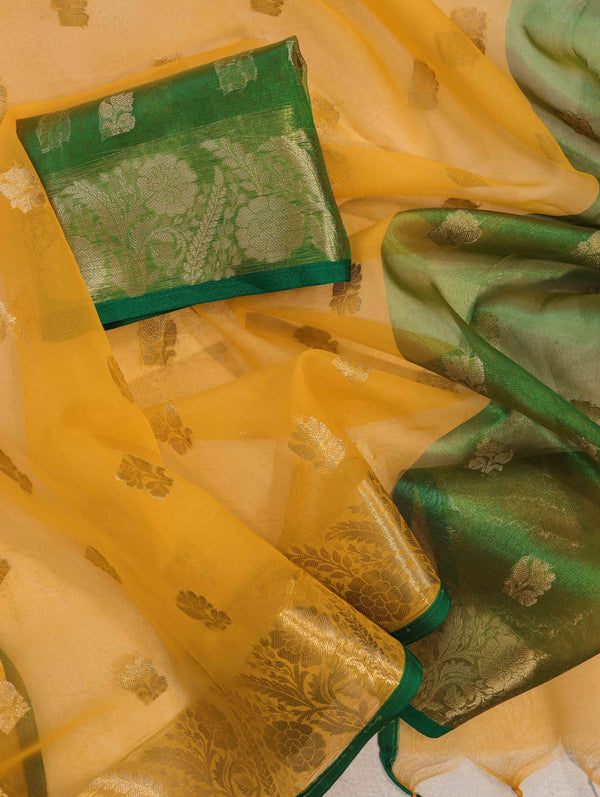 Banarasee Handloom Organza Mix Saree With Zari Buta Design & Contrast Border-Yellow