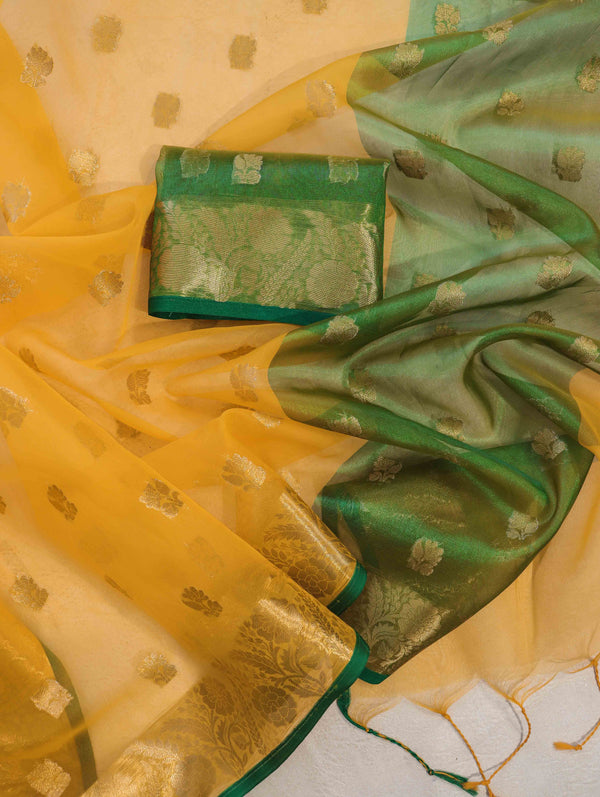 Banarasee Handloom Organza Mix Saree With Zari Buta Design & Contrast Border-Yellow