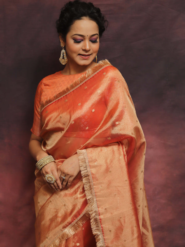 Banarasee Handwoven Tissue Saree Zari Buti With Lace-Peach