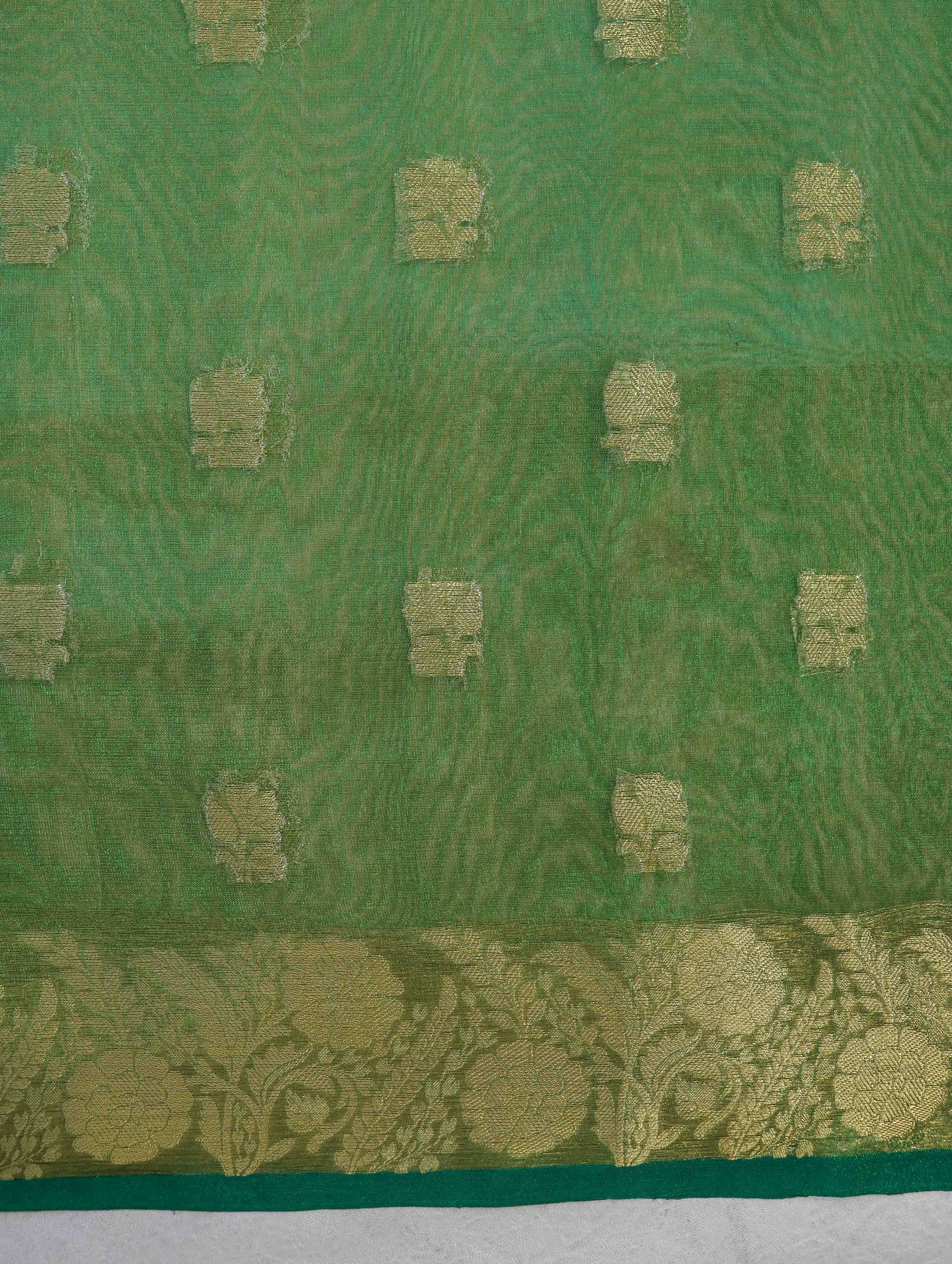 Banarasee Handloom Organza Mix Saree With Zari Buta Design & Contrast Border-Light Orange