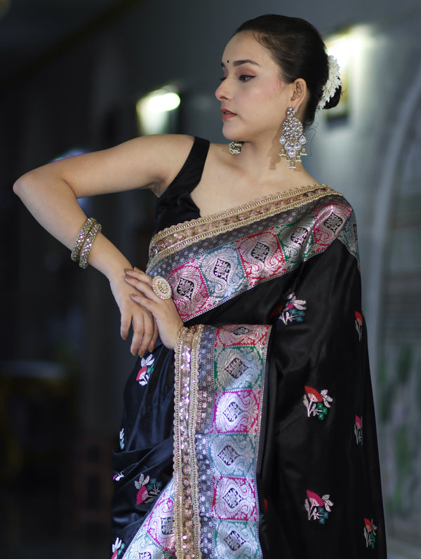 Banarasee Handloom Mashru Silk Saree With Resham & Zari Embroidery-Black