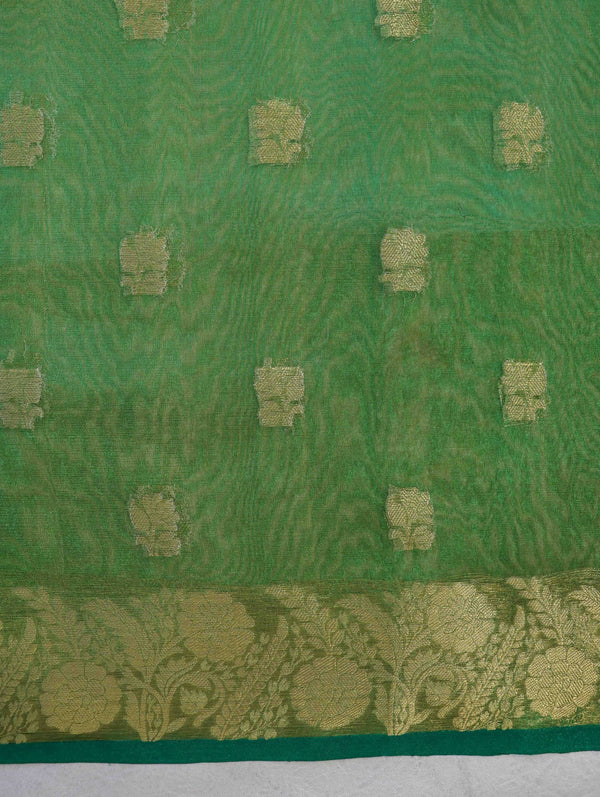 Banarasee Handloom Organza Mix Saree With Zari Buta Design & Contrast Border-Light Yellow