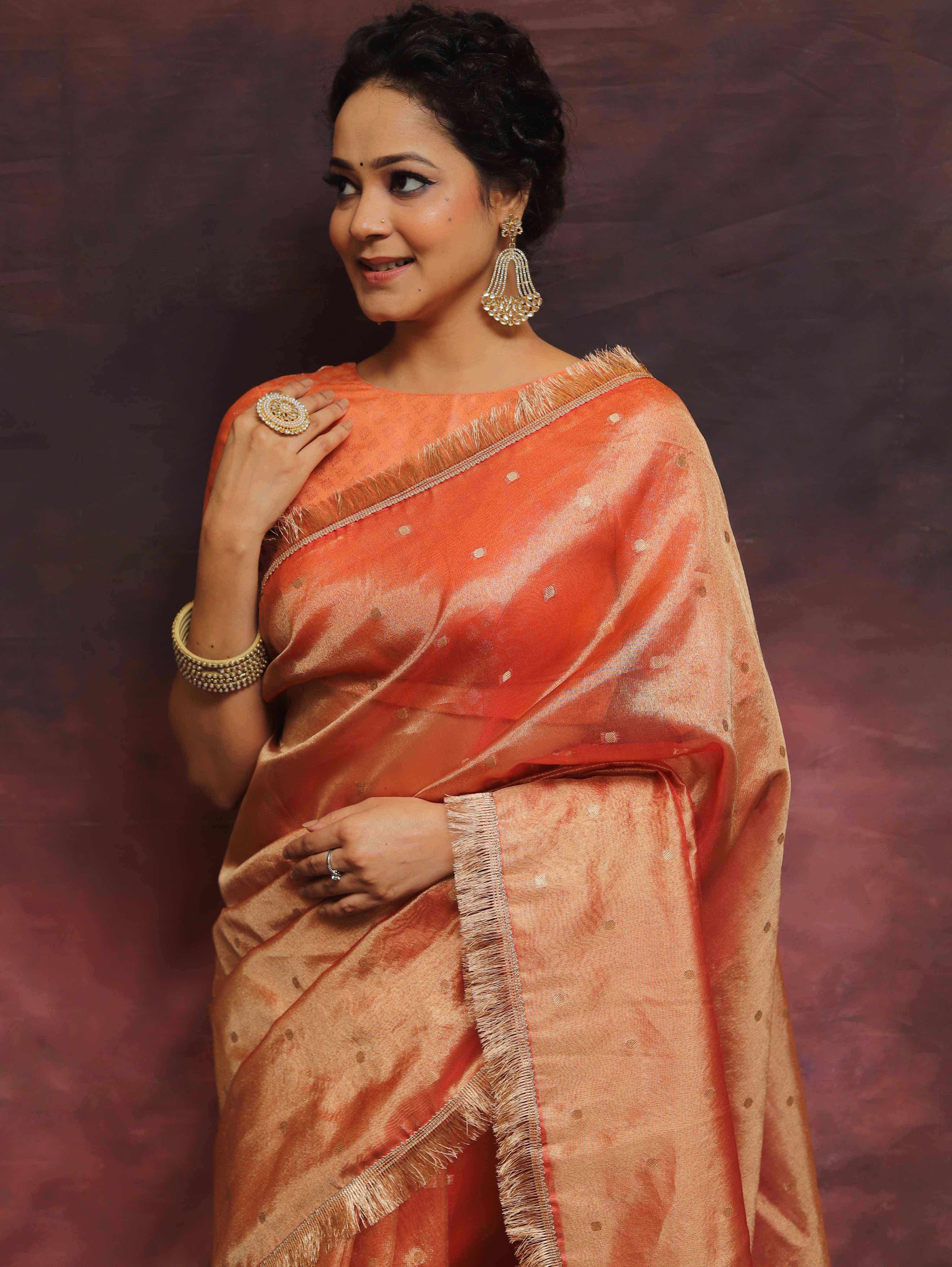 Banarasee Handwoven Tissue Saree Zari Buti With Lace-Peach
