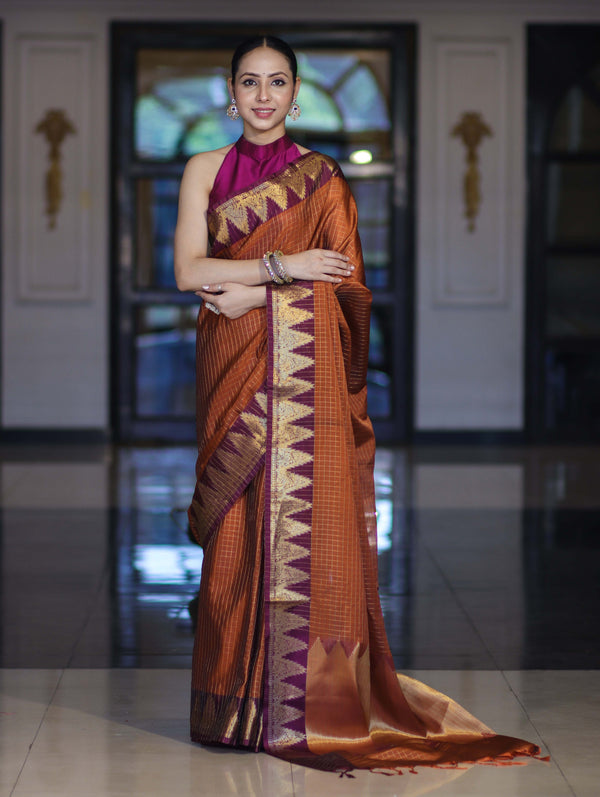 Banarasee Handloom Semi Silk Saree With Checks Design & Contrast Border-Rust & Burgundy