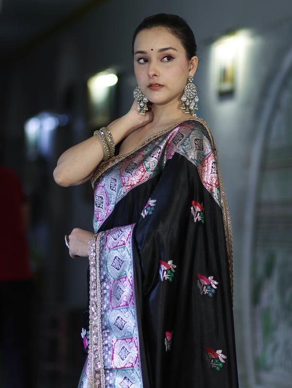 Banarasee Handloom Mashru Silk Saree With Resham & Zari Embroidery-Black