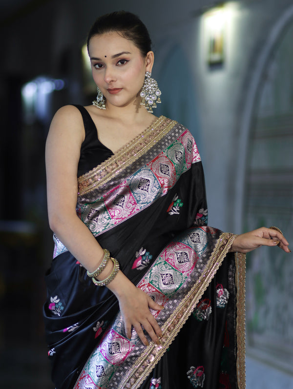 Banarasee Handloom Mashru Silk Saree With Resham & Zari Embroidery-Black