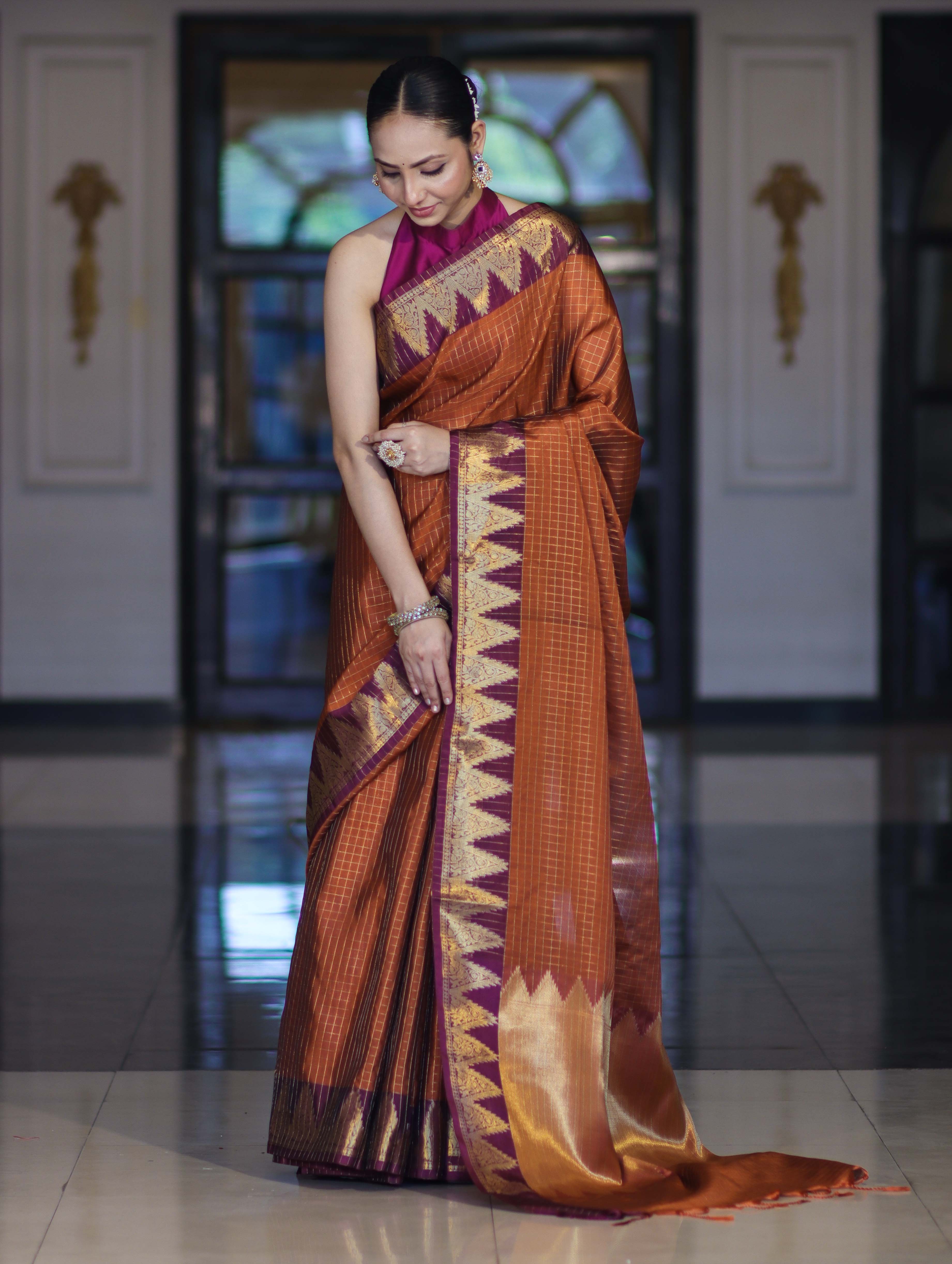 Banarasee Handloom Semi Silk Saree With Checks Design & Contrast Border-Rust & Burgundy
