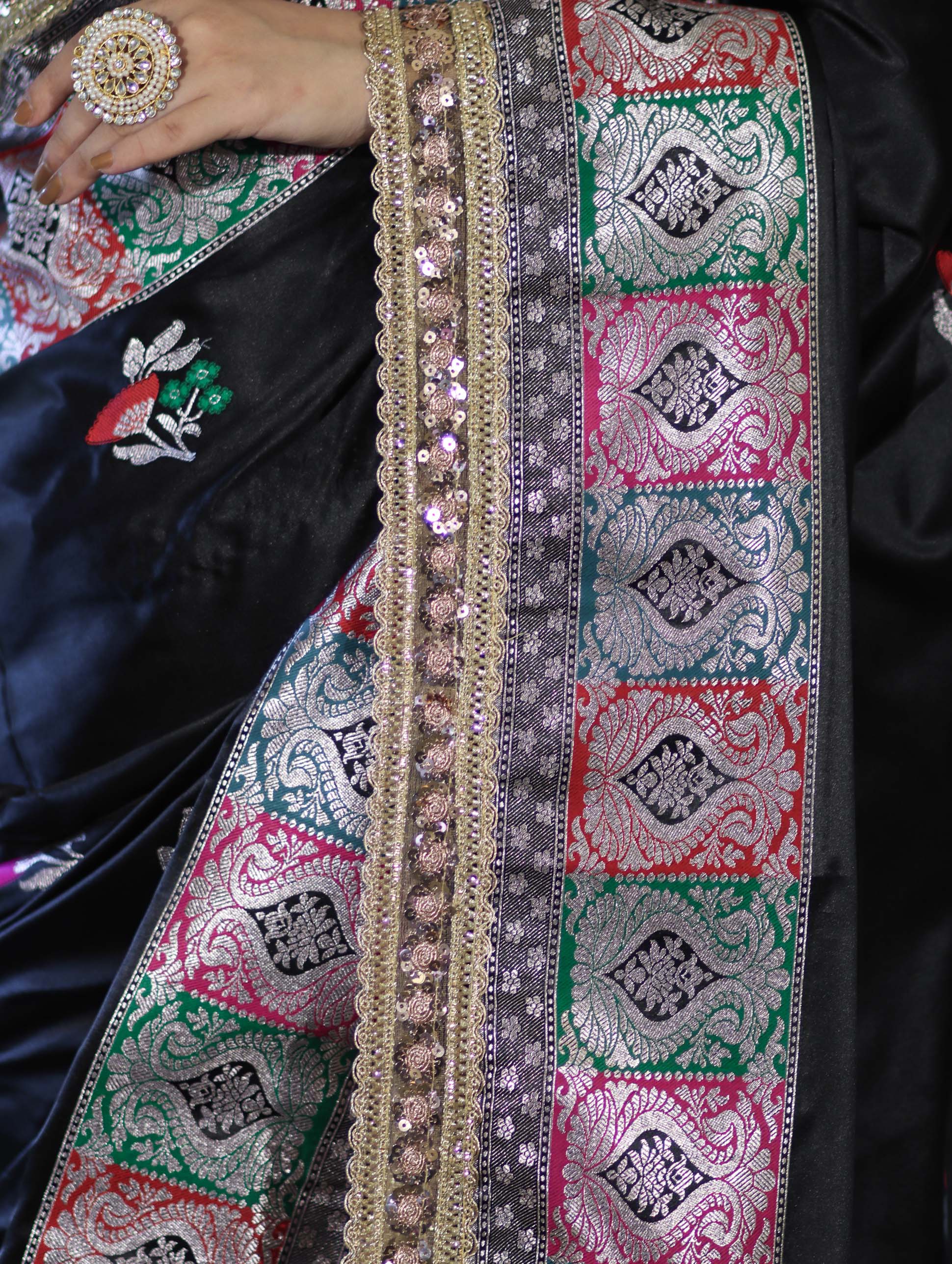 Banarasee Handloom Mashru Silk Saree With Resham & Zari Embroidery-Black