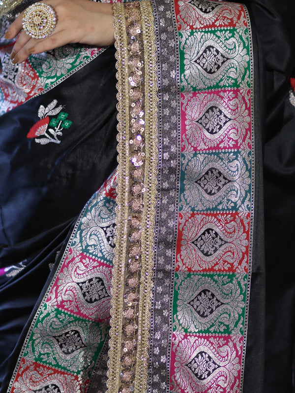 Banarasee Handloom Mashru Silk Saree With Resham & Zari Embroidery-Black