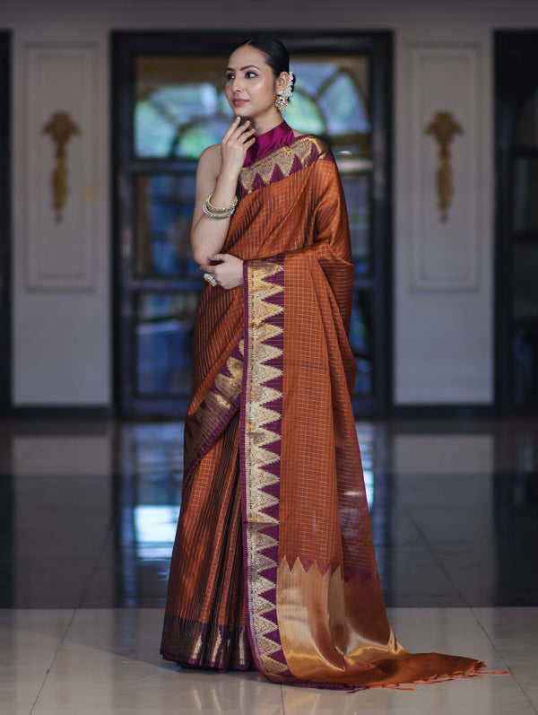 Banarasee Handloom Semi Silk Saree With Checks Design & Contrast Border-Rust & Burgundy
