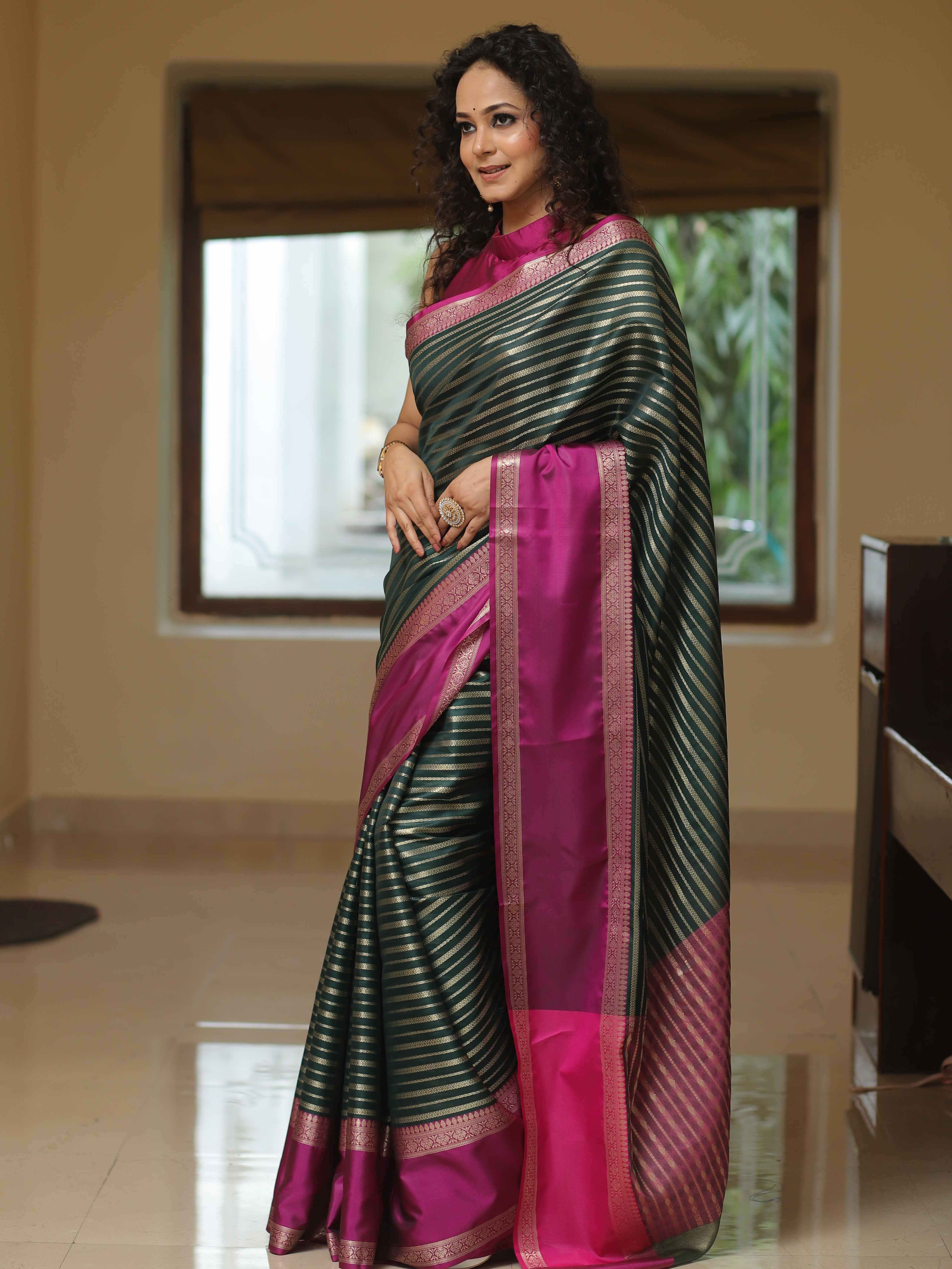 Banarasee Handwoven Semi Silk Saree With Stripes Design & Solid Border-Green & Pink