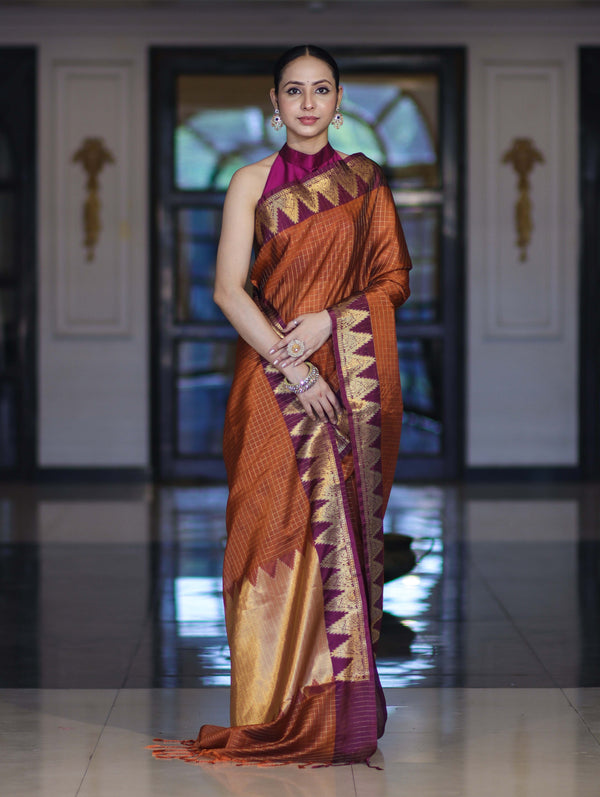 Banarasee Handloom Semi Silk Saree With Checks Design & Contrast Border-Rust & Burgundy