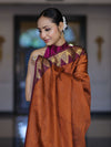 Banarasee Handloom Semi Silk Saree With Checks Design & Contrast Border-Rust & Burgundy