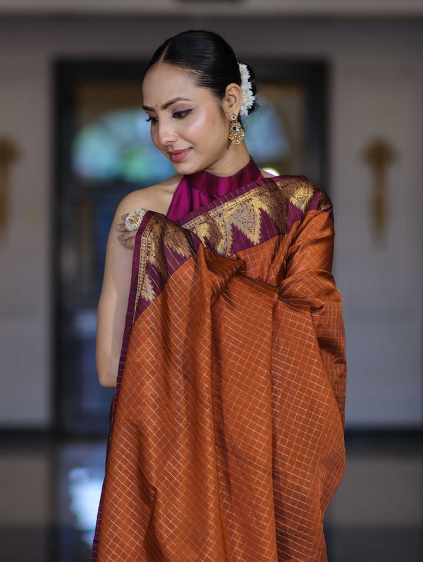 Banarasee Handloom Semi Silk Saree With Checks Design & Contrast Border-Rust & Burgundy