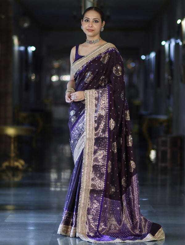 Banarasee Soft Silk Saree With Hand Embroidered Mirror Work Pearl Motifs & Zari Woven Design-Purple