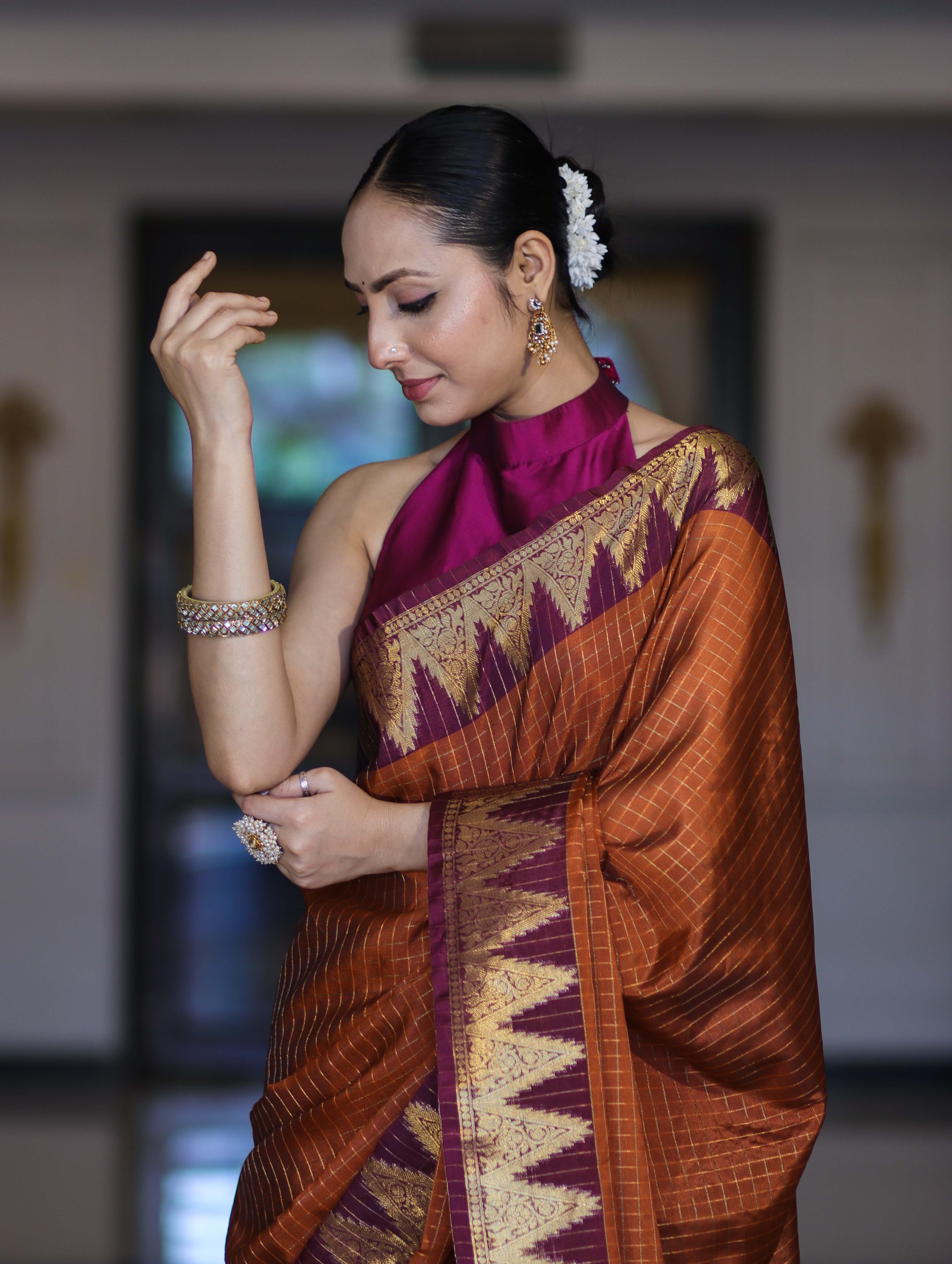 Banarasee Handloom Semi Silk Saree With Checks Design & Contrast Border-Rust & Burgundy