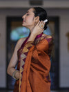 Banarasee Handloom Semi Silk Saree With Checks Design & Contrast Border-Rust & Burgundy