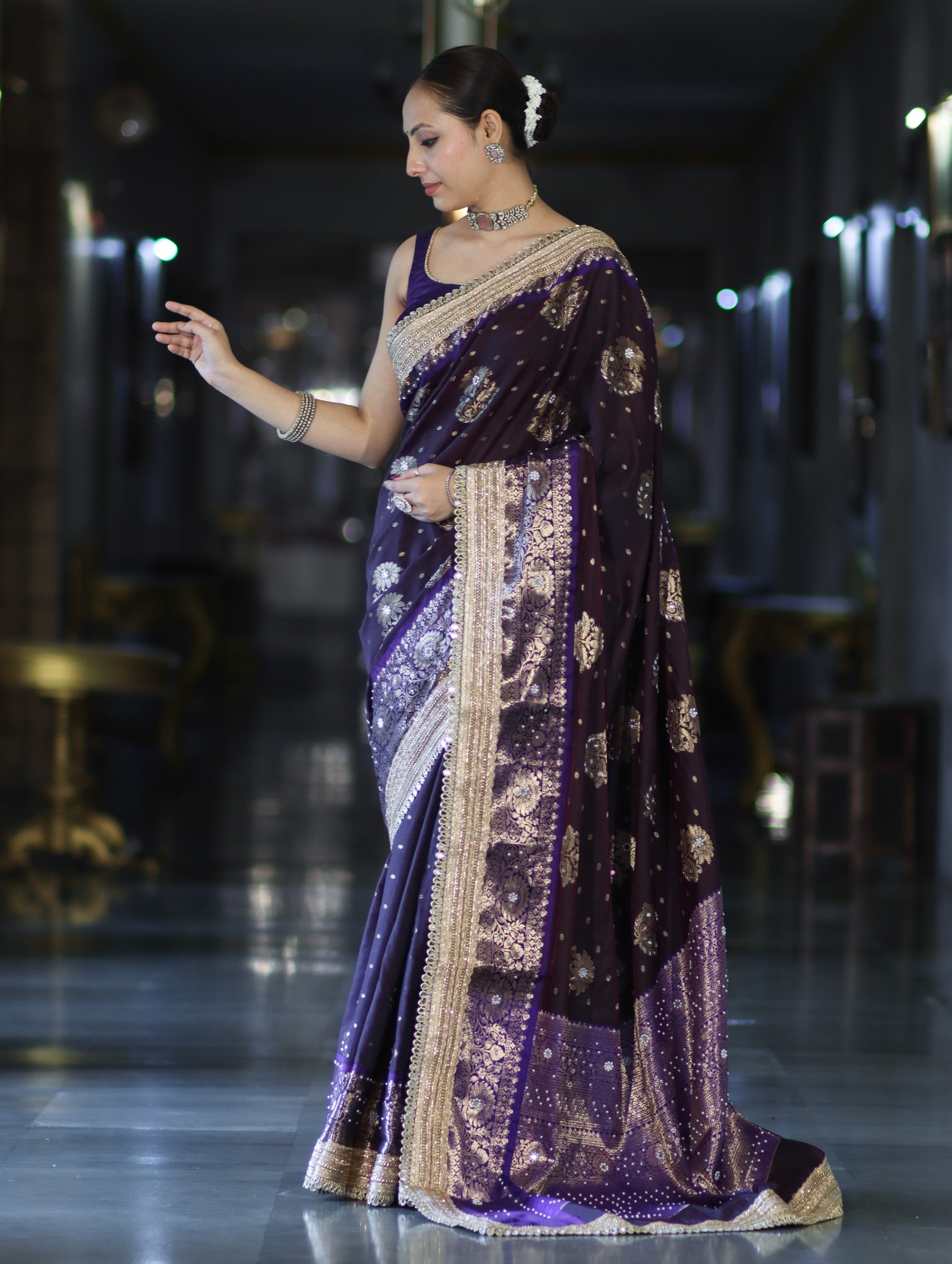Banarasee Soft Silk Saree With Hand Embroidered Mirror Work Pearl Motifs & Zari Woven Design-Purple