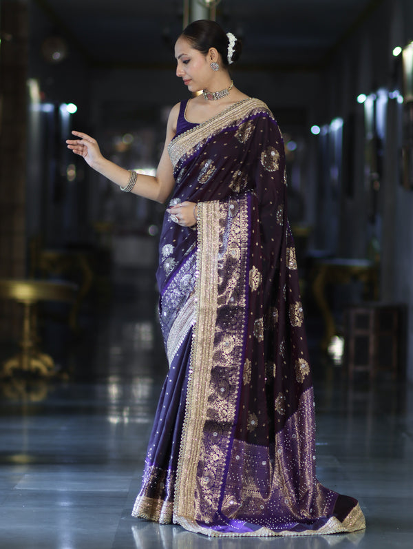 Banarasee Soft Silk Saree With Hand Embroidered Mirror Work Pearl Motifs & Zari Woven Design-Purple