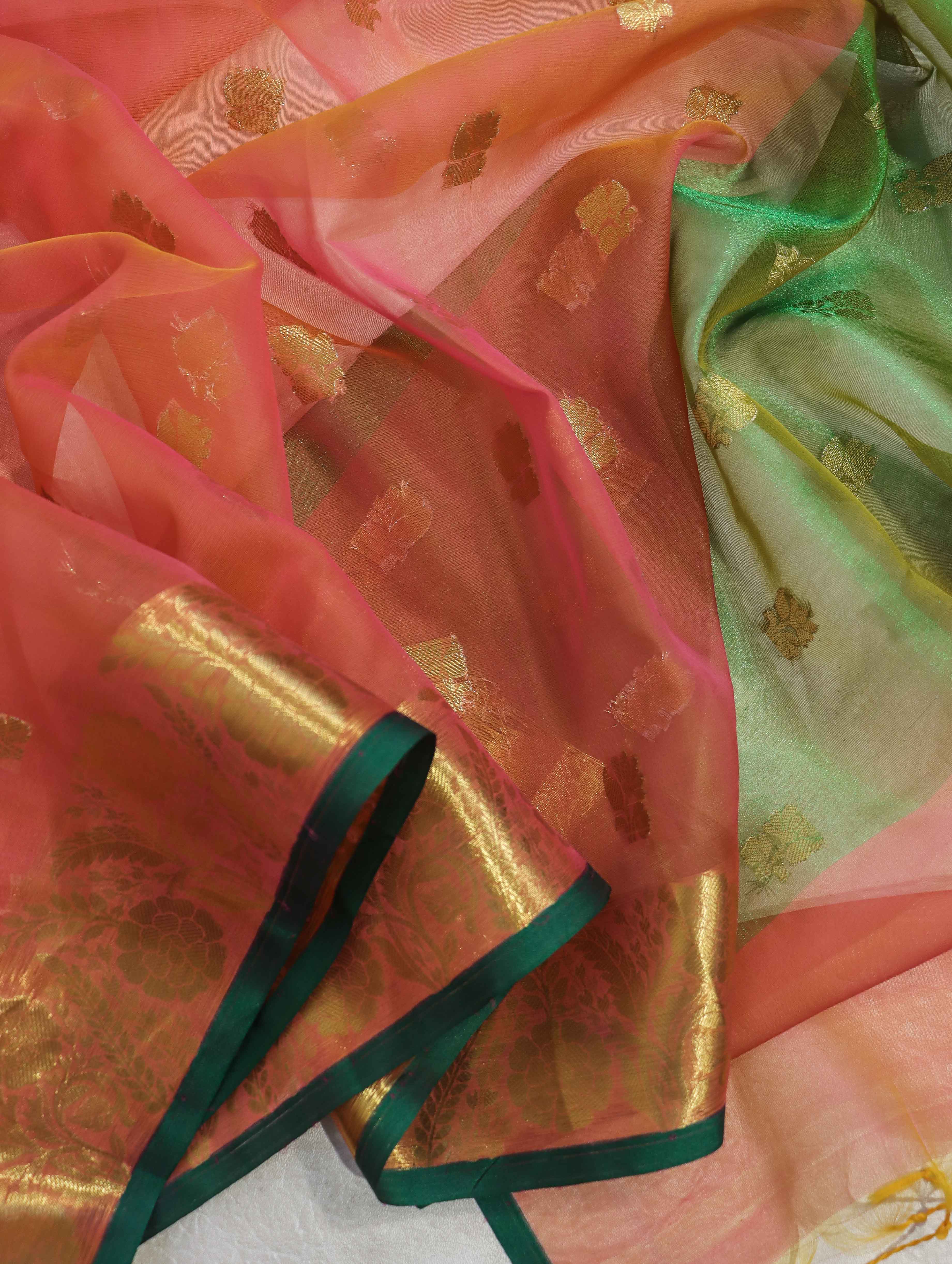 Banarasee Handloom Organza Mix Saree With Zari Buta Design & Contrast Border-Peachy Pink