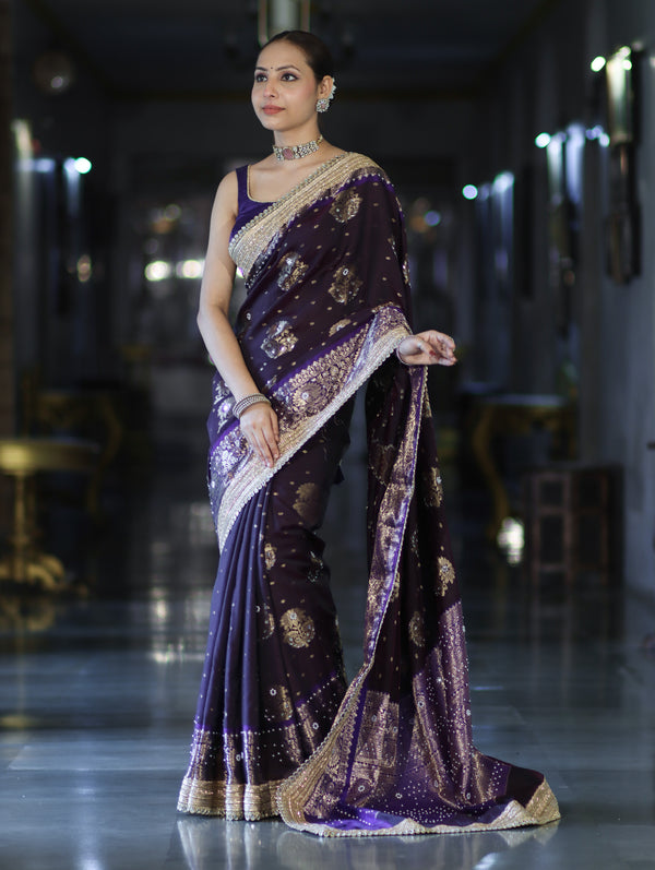 Banarasee Soft Silk Saree With Hand Embroidered Mirror Work Pearl Motifs & Zari Woven Design-Purple