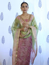 Banarasee Tissue Embroidered Salwar Kameez Fabric With Dupatta Set-Pink & Green