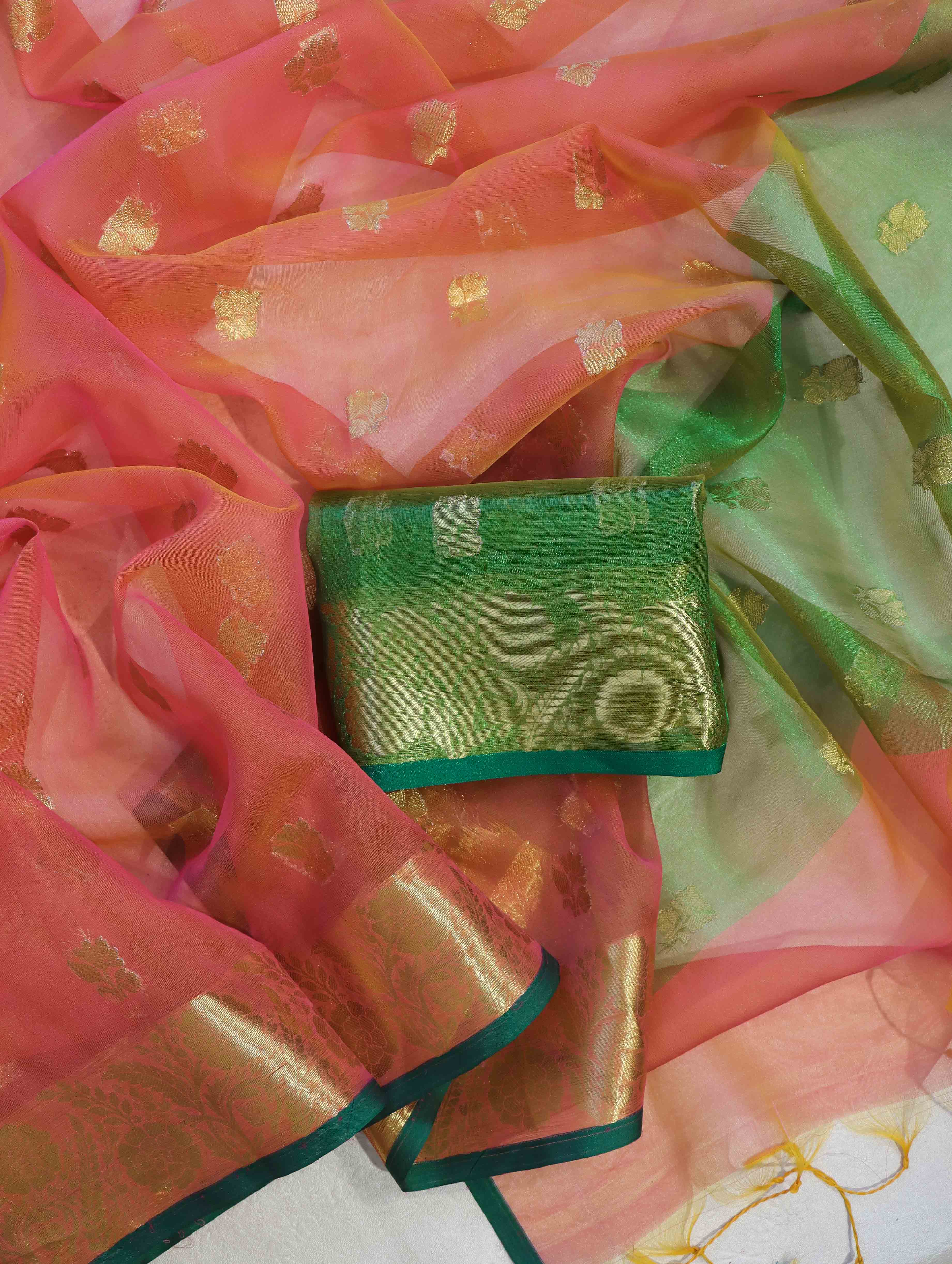 Banarasee Handloom Organza Mix Saree With Zari Buta Design & Contrast Border-Peachy Pink