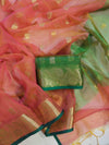 Banarasee Handloom Organza Mix Saree With Zari Buta Design & Contrast Border-Peachy Pink