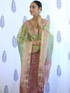 Banarasee Tissue Embroidered Salwar Kameez Fabric With Dupatta Set-Pink & Green