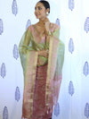 Banarasee Tissue Embroidered Salwar Kameez Fabric With Dupatta Set-Pink & Green