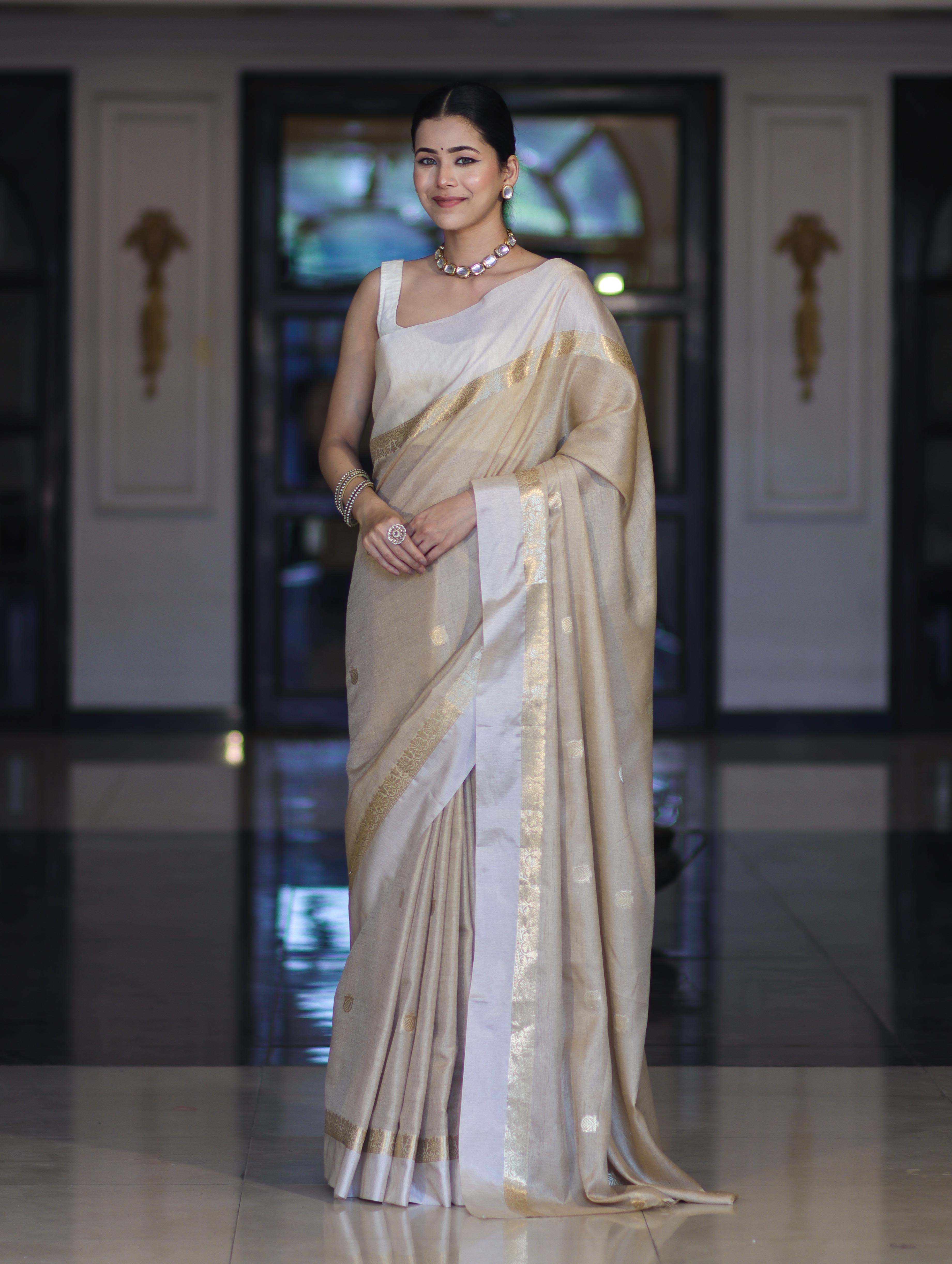 Banarasee Handloom Cotton Silk Saree With Buti Design & Contrast Border-Beige & White