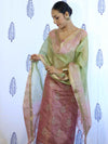 Banarasee Tissue Embroidered Salwar Kameez Fabric With Dupatta Set-Pink & Green