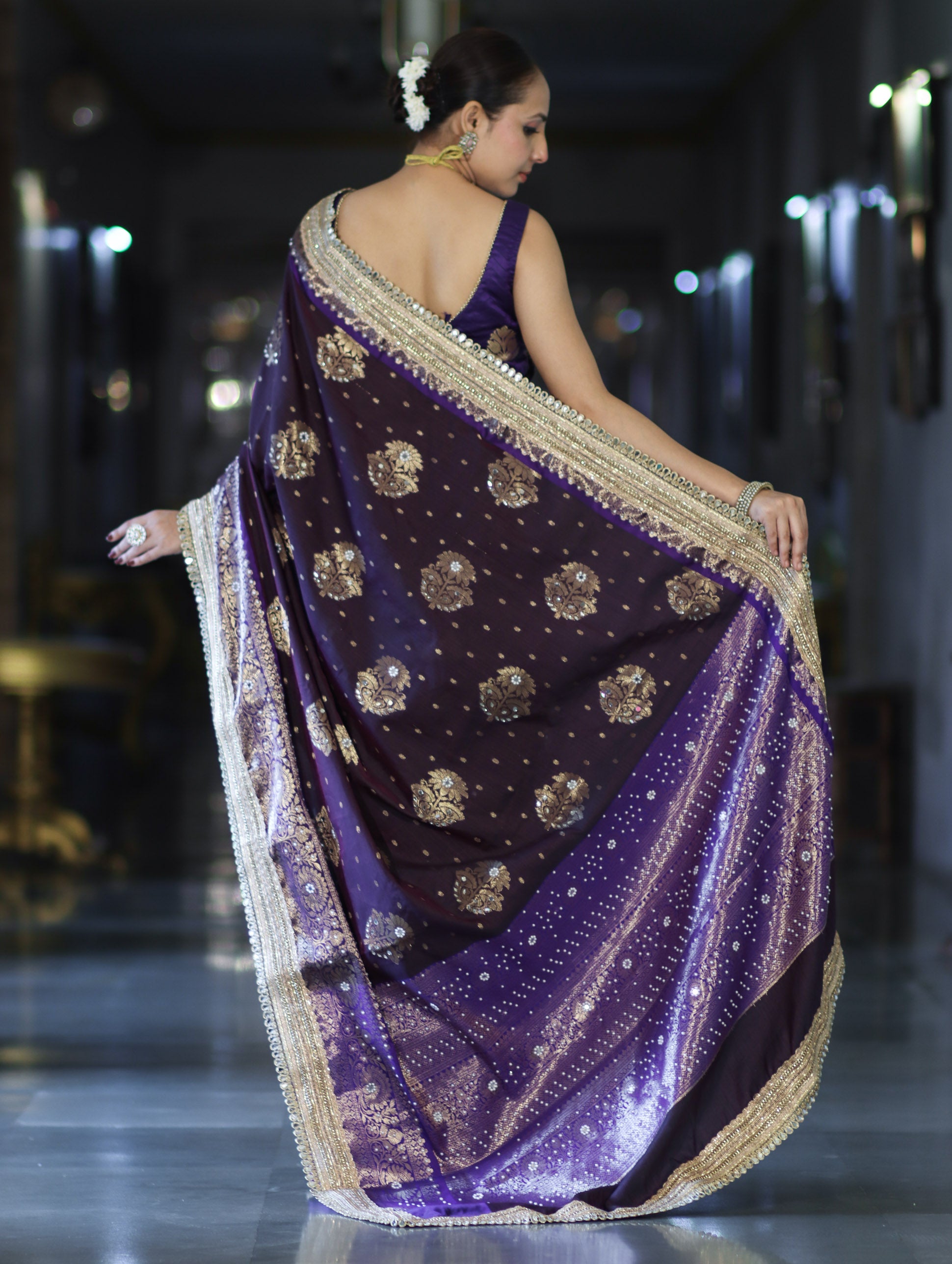Banarasee Soft Silk Saree With Hand Embroidered Mirror Work Pearl Motifs & Zari Woven Design-Purple