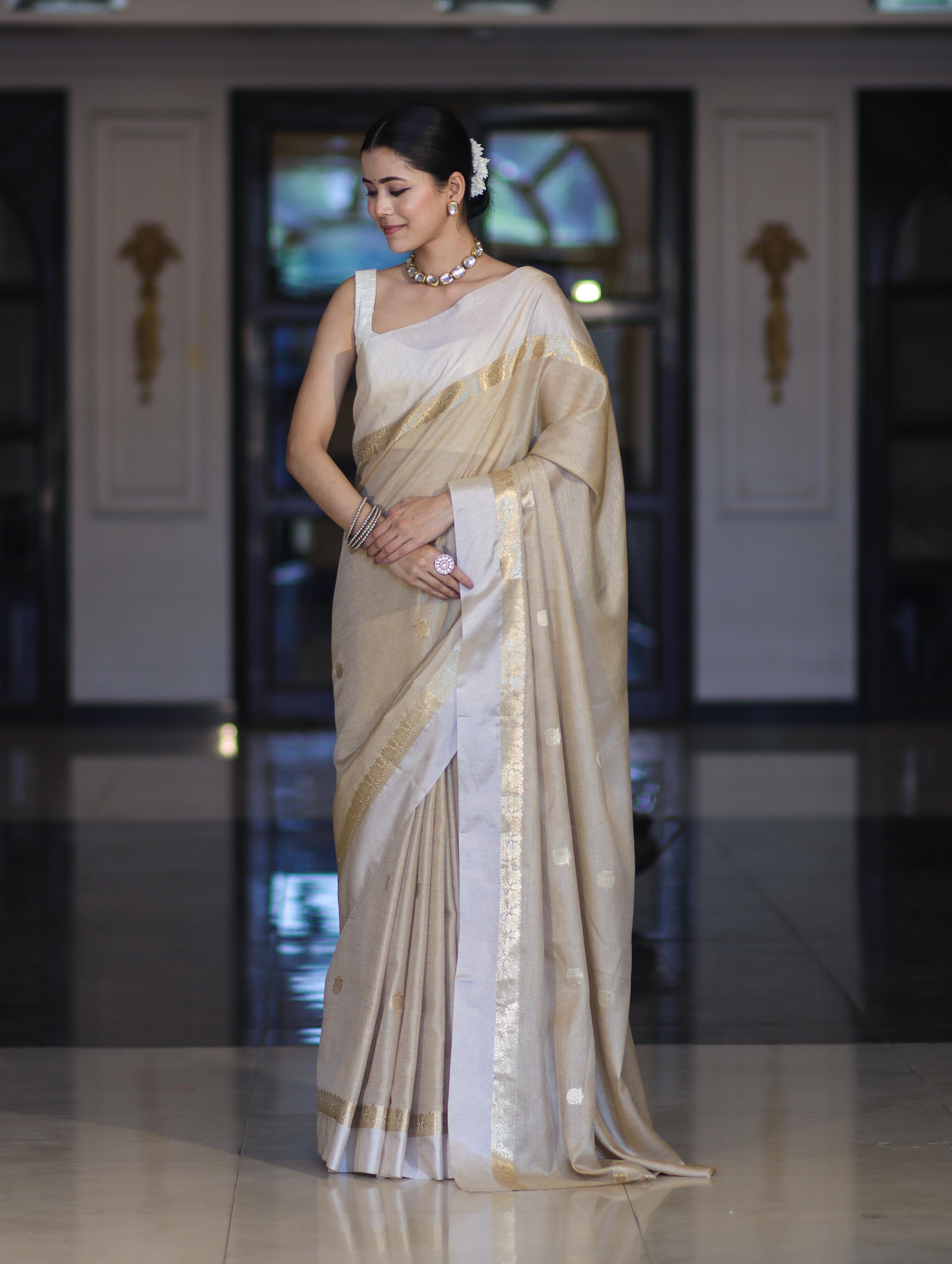 Banarasee Handloom Cotton Silk Saree With Buti Design & Contrast Border-Beige & White