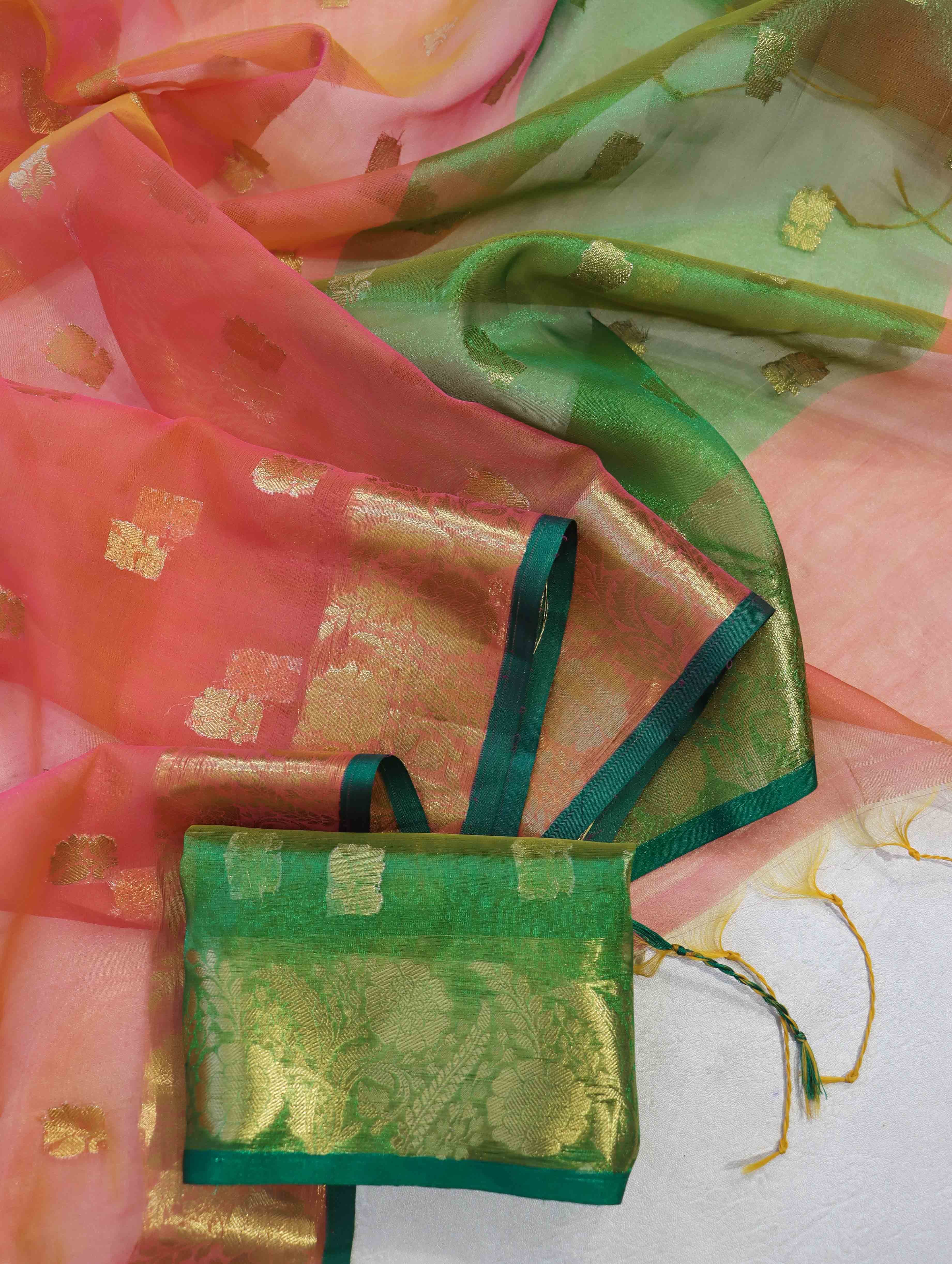 Banarasee Handloom Organza Mix Saree With Zari Buta Design & Contrast Border-Peachy Pink