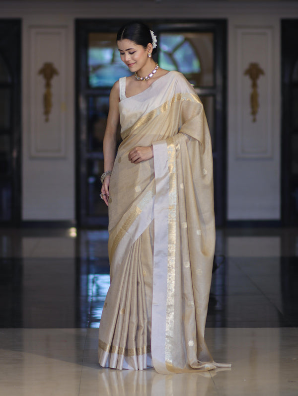 Banarasee Handloom Cotton Silk Saree With Buti Design & Contrast Border-Beige & White