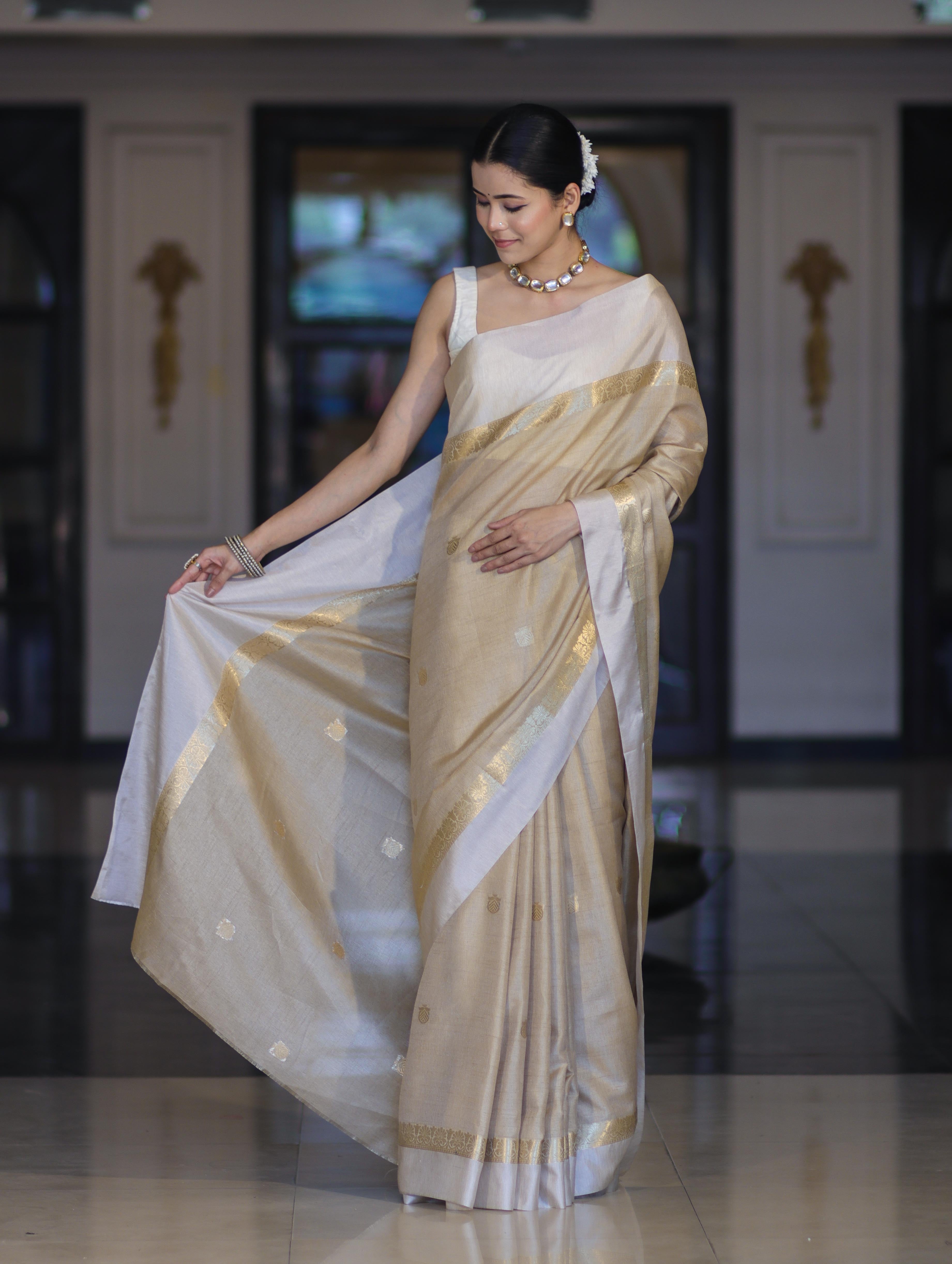 Banarasee Handloom Cotton Silk Saree With Buti Design & Contrast Border-Beige & White