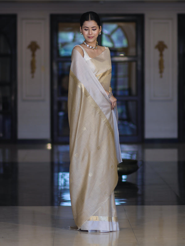 Banarasee Handloom Cotton Silk Saree With Buti Design & Contrast Border-Beige & White