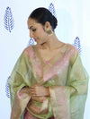 Banarasee Tissue Embroidered Salwar Kameez Fabric With Dupatta Set-Pink & Green