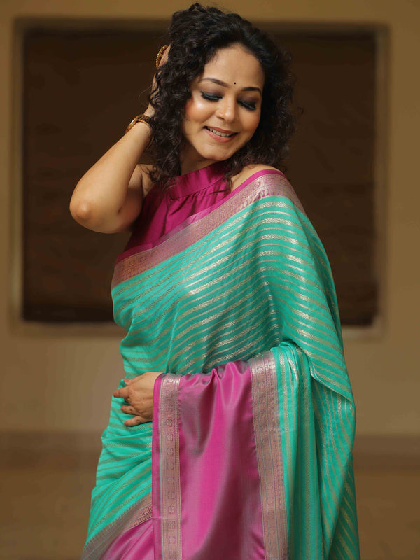 Banarasee Handwoven Semi Silk Saree With Stripes Design & Solid Border-Sea Green & Pink