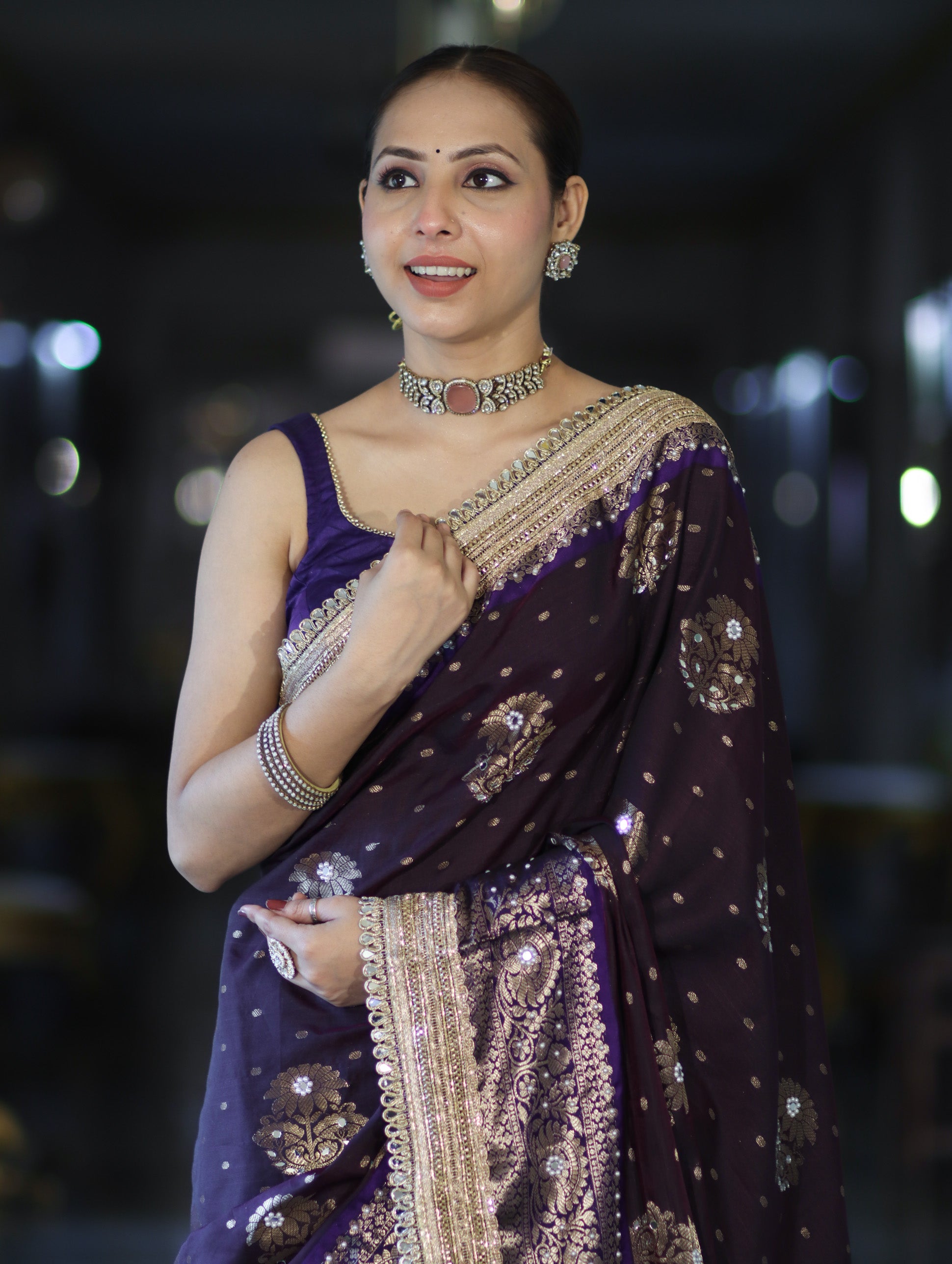 Banarasee Soft Silk Saree With Hand Embroidered Mirror Work Pearl Motifs & Zari Woven Design-Purple