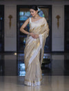 Banarasee Handloom Cotton Silk Saree With Buti Design & Contrast Border-Beige & White