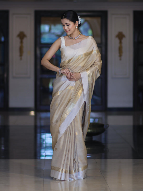 Banarasee Handloom Cotton Silk Saree With Buti Design & Contrast Border-Beige & White