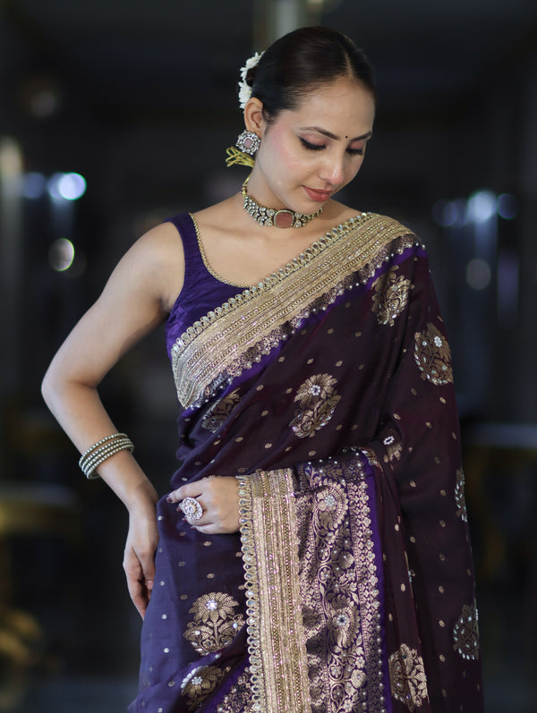 Banarasee Soft Silk Saree With Hand Embroidered Mirror Work Pearl Motifs & Zari Woven Design-Purple